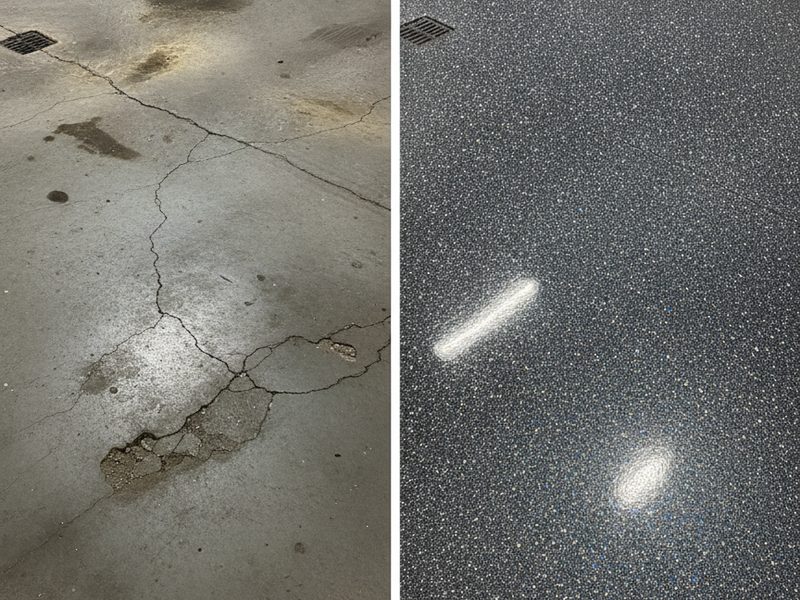 Garage floor shown half as stained, cracked concrete and half as a dark flake epoxy coating